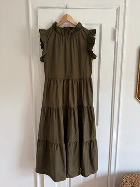 Chepe Ansaldo Made In Italy Cotton Olive Green Tiered Maxi Dress S
